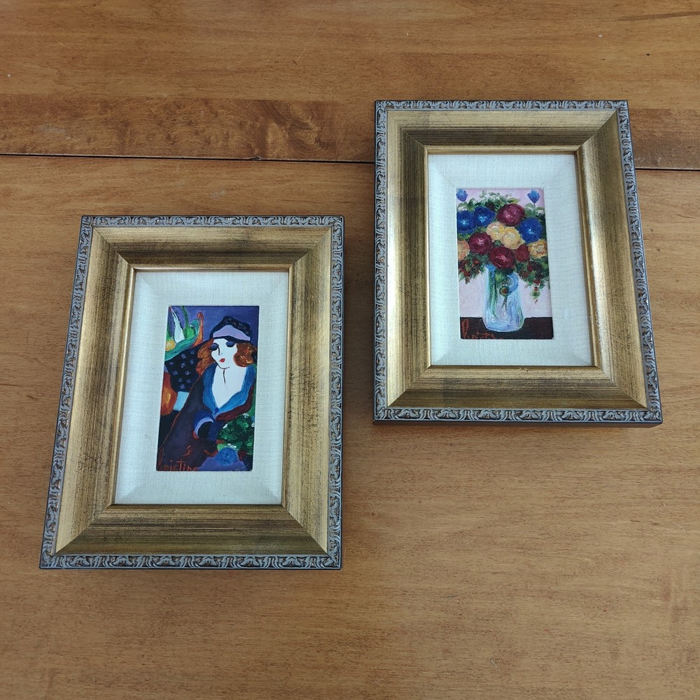 Pair of Paintings by Cristina Granja Woman & Floral Still Life Gold Wood Frames