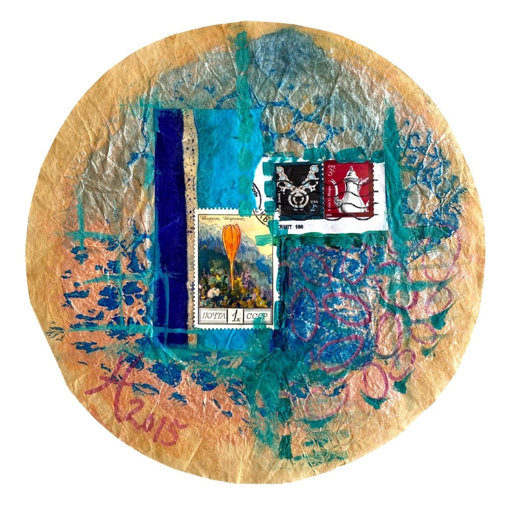 Filtered 4 Original Art Acrylic Collage Painting Round Artwork 7.75in Diameter