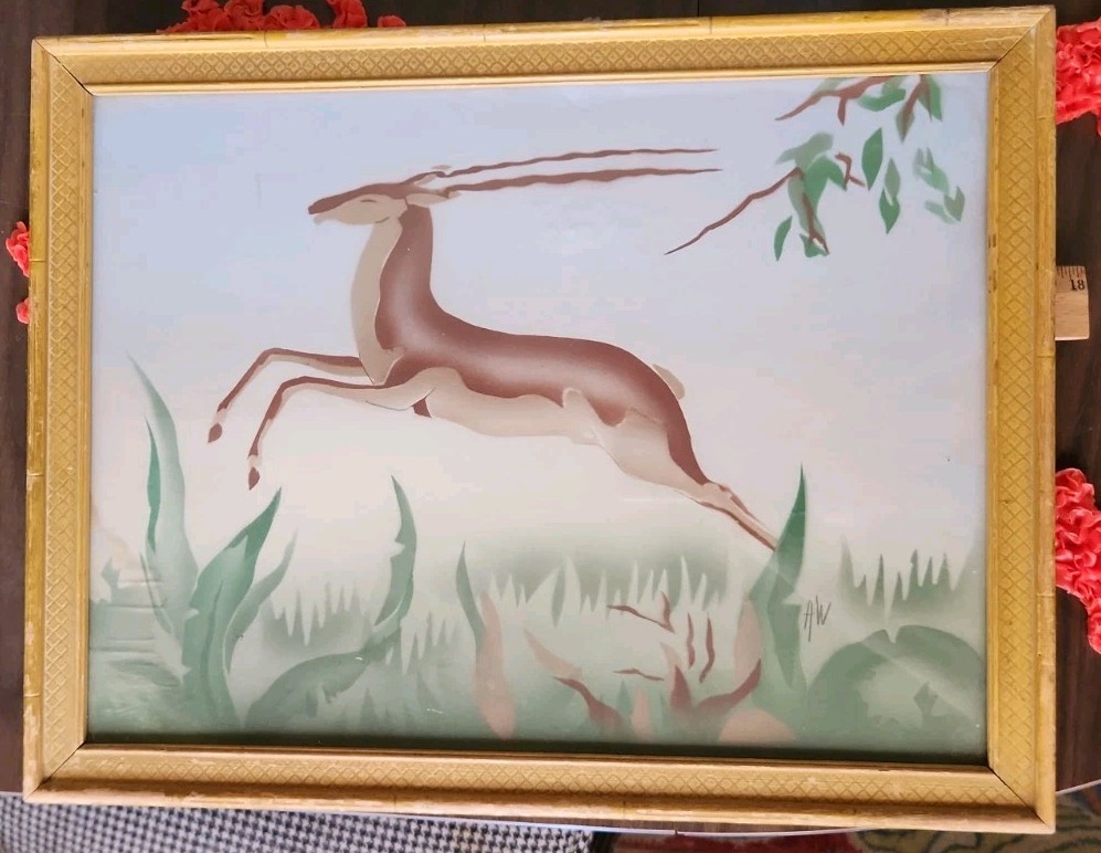 Art Deco 1930s Art Gazelle Antelope Airbrush Framed Painting 12″ x 18″