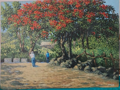 Jorge Romero vintage 80’s painting Campo y Flamboyanes -Puerto Rico Art Latin Am