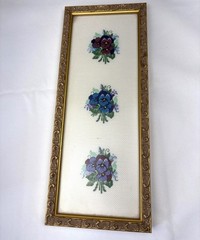 Floral Cross-Stitch Wall Art Gold Ornate Frame Trio of Pansy Flowers 14×6 Framed