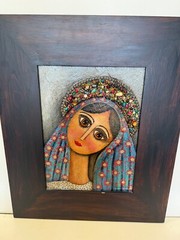 Mixed Media Art, Original Oil Painting w/Stone & Metal Girl Portrait, Framed