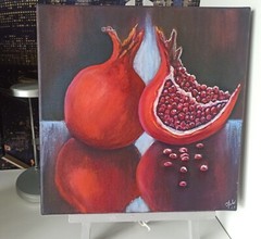 Original Art Oil Painting Red Pomegranates on Canvas 30x30cm Fruits Still Life