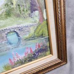 Signed Vintage Oil Painting Canvas Country Lake Scene Swans Bridge Church 27×23