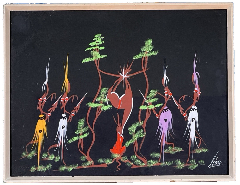 Native Painting Belgian Congo African Tribal Mid Century Warriors Framed Signed