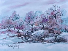 Pamela Wilhelm original 6”x8” Watercolor Pinks Blue-grey Gnarled Trees Rocks