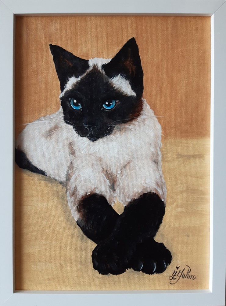 Siamese Cat Original Painting Pet Art Framed 12 by 9 Cat Blue Eyes Oil Painting