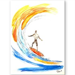 Surfer Contemporary Coastal Painting Watercolor Art 15X11 Gallery Paper Signed