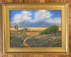 Antique Bluebonnet Oil Painting-Hill Country Landscape- Antique Frame