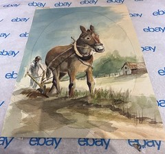 George Holley Watercolor Painting Mule Plowing Field Southern Farm Scene 10×13 V