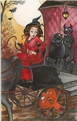 PRINT OF HALLOWEEN PAINTING RYTA WITCH VINTAGE STYLE BLACK CAT Folk Art Salem 🎃