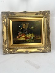 Vintage Signed Van Hunt Still Life Oil Painting Fruit Grapes Wine Glass Framed