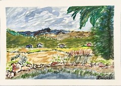 Original Landscape Watercolor Painting CO Mountains Cabins Pond Signed 6×8