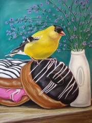 American Goldfinch Bird Original Painting- Donuts and flowers