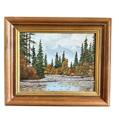 VTG Original Oil Painting Autumn Mountain Trees Creek Signed Framed 18.5″x 15.5″