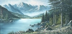 Olshof Stoltz (German), VTG c. 1950’s Ex. Large O/C „Mountain Lake Landscape“!
