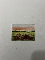 Original ACEO Watercolor Red Poppy Field Landscape OOAK Artist Trading Card