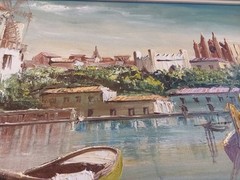 Vintage Original Signed Oil Painting Docked Boats Marina 27.25″ X 18.25″ GC
