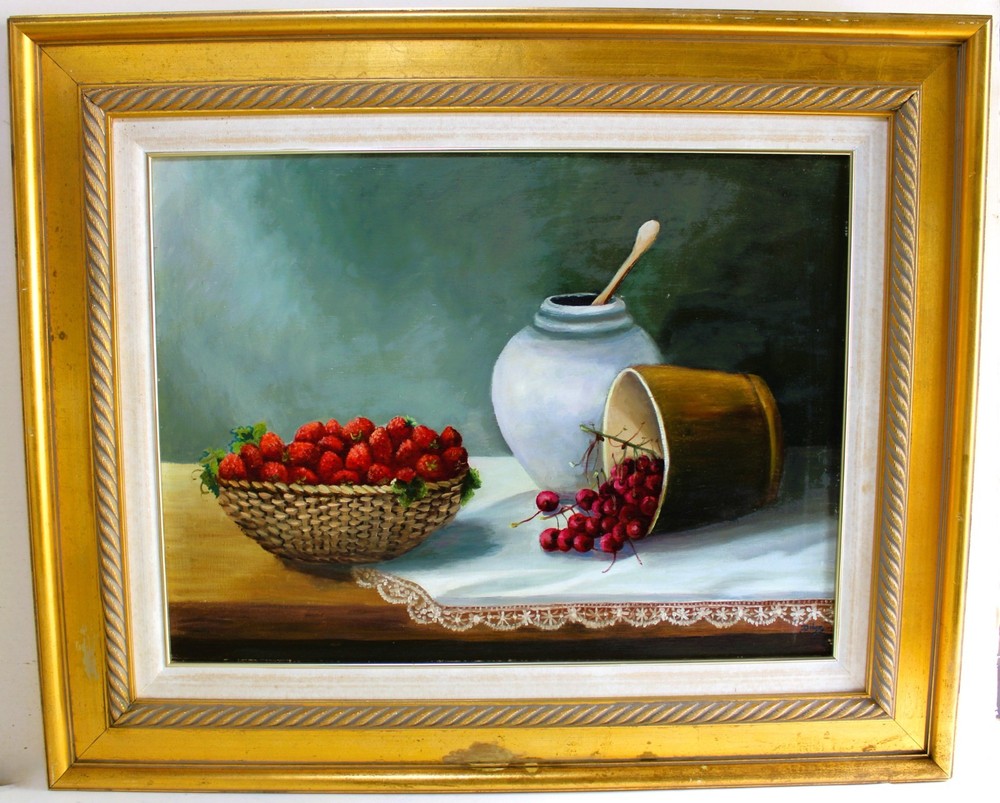 DILYA SCHAUER OIL PAINTING ON WOOD SIGNED STILL LIFE BODEGON COLOMBIAN ARTIST