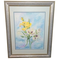 Yellow & White Flowers Floral Watercolor Painting Framed Matted Signed Christmas