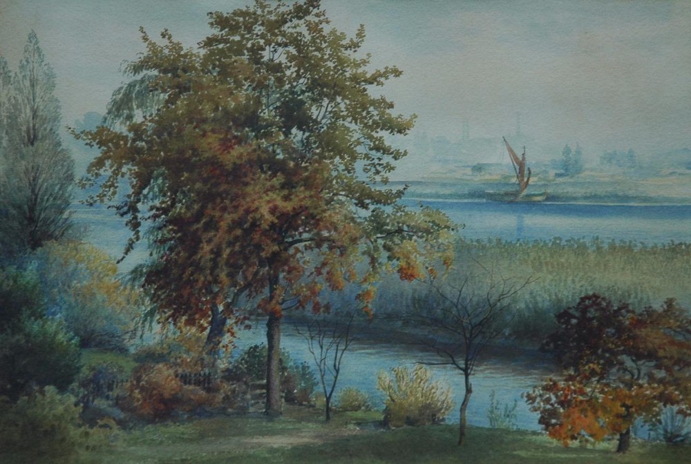 Antique Watercolor Riverfront Landscape Dated 1887 & With Unusual Monogram