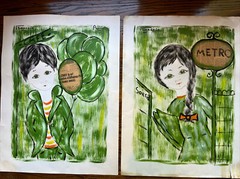 Pair of 1960’s Francois Paris French Mixed Media Paintings Boy Girl Green Eyes