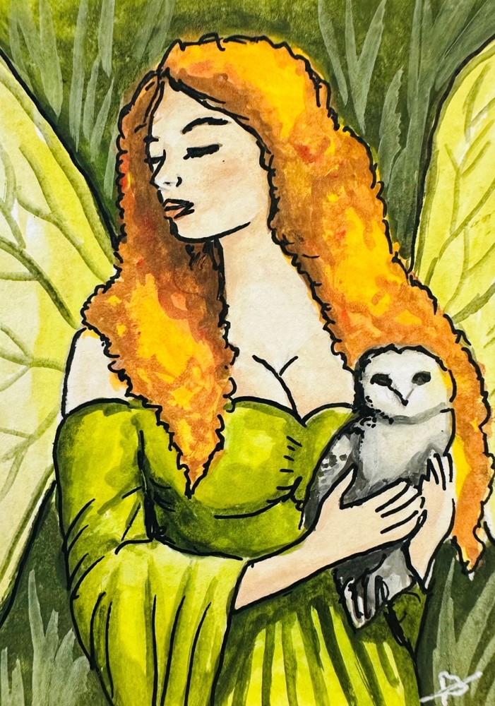 Fairy with Owl ACEO Original Watercolor Painting Fantasy Portrait Nature Art