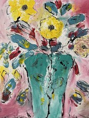 Original Abstract Floral Teal and Yellow Painting – Acrylic on Canvas Art 9×12