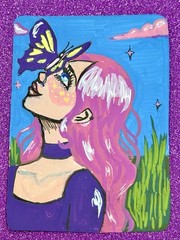 ACEO Original Art OOAK Painting Cosmic Nature #31 Butterfly Girl Grass ATC Art