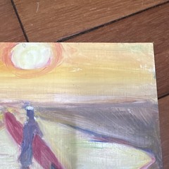 Original Oil Painting Surfer at Sunset on Wood, Unframed, 8x7in