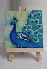 ORIGINAL PEACOCK BIRD PAINTING MINI CANVAS ART VIBRANT CUTE SMALL DESK DECOR