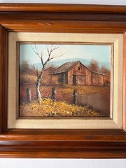 Vintage Oil Painting Of Old Barn By J. Medina In Wood Frame 18.5×16