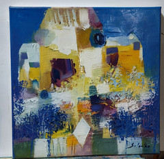 Original oil painting 12″x12″ Abstraction, Contemporary art, Blue, Yellow, Paris