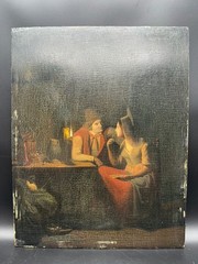 Antique Italian 19thC Oil Painting Tavern Scene Couple Candlelight on Panel