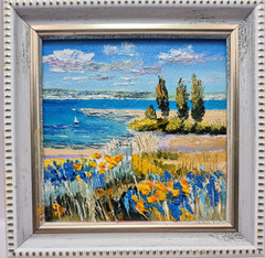 Original oil painting. landscape with a river. Impressionism. 4×4 painting.