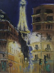Original oil painting Night city Paris15 x 20 cm Fibarbord