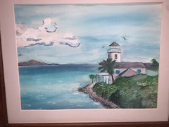 Vintage Lighthouse Ocean Watercolor Signed Framed 14 1/8”H x 17 1/8”W *No Glass