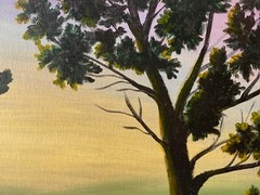 Mid Century Mystery Signed Modernism Oil Painting Mountain Landscape at Sunset