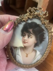 19th C Miniature Enamel Painting Portrait Neapolitan Gypsy Fisher Boy Brass