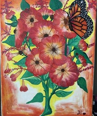 E Signed Small Flowers & Butterflies Illustration Art Painting, Unframed