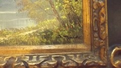 Landscape Fall Oil Painting in a Green with Gilded Gold Ornate Wood Frame
