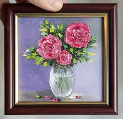 Original Oil Painting Still Life Roses in a Vase Framed Small Wall Art 4 x 4 in