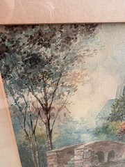 Antique Watercolor Painting Framed Landscape Stone Bridge Church England 10×13”