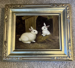 Vtg 9.5 x 7.25 Oil Painting Beckmann Two Rabbits Canvas Art Framed 12.25 X 14.25