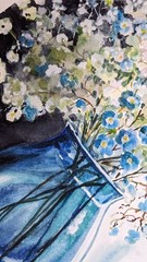 Floral Still Life Watercolor Painting Blue Forget-Me-Nots in Glass Vase Art A4