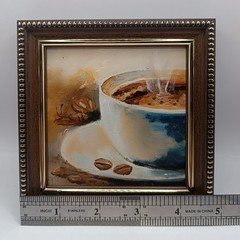 Original Coffee Cup Oil Painting Impasto Food Art Framed Miniature 4×4″