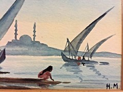 Watercolor of Famous Egyptian Mosque on Nile River Initialed HM Frame d & Matted