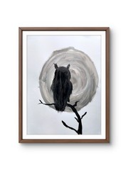 Original Signed 9×12 Owl On Branch Acrylic Minimalist Paper Art Black Gray