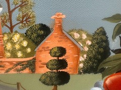 VINTAGE AMERICANA FOLK ART PAINTING VICTORIAN MANSION PINE CONE APPLE GRAPES ART