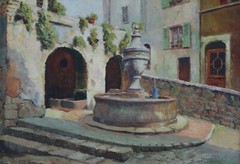 Village Square in Provence French Post Impressionist Oil Painting